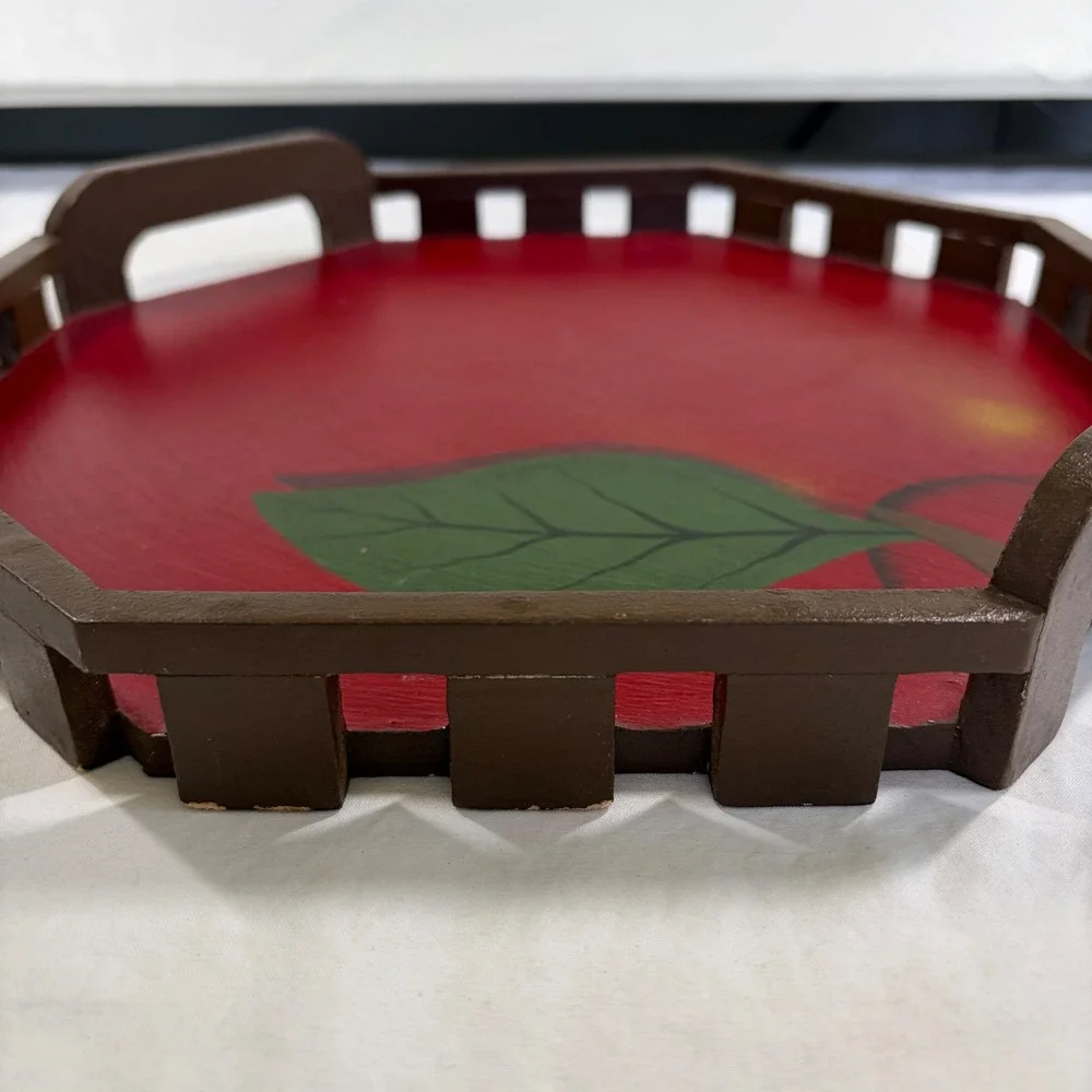 Vintage Red Apple Hand Painted Wooden Serving Tray Cottagecore Philippines Made